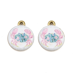 Crab Printed 304 Stainless Steel Enamel Pendants, Flat Round Charms, Ion Plating(IP), Real 18K Gold Plated, Crab Charms, 18x15x4.5mm, Hole: 1.6mm