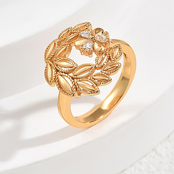 Прозрачный Кольца для женщин с латунным паве из кубического циркония, лист с цветком, прозрачные, размер США 8 (18.1 мм)