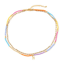 Letter N Красочные подвески с инициалами из бисера, двухслойные ожерелья, 304 ювелирные изделия из нержавеющей стали, золотые, Письмо N, 16.54 дюйм (42 см)