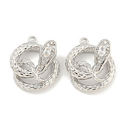 Платинированный Латунные микро проложить кубического циркония подвески, змея, прозрачные, Реальная платина, 16x14x6 мм, отверстие : 1 мм