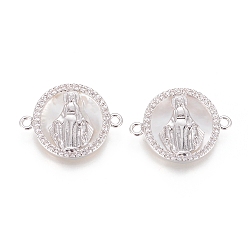 Платина Соединители из латуни с микропаве и кубическим цирконием, с оболочкой, плоские круглые с Девой Марией, прозрачные, платина, 16x21x3 мм, отверстие : 1.4 мм