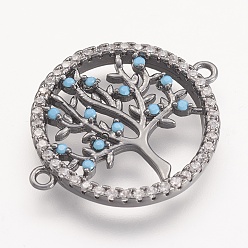 Черный Цвет Металла Латунные микро проложить кубических ссылки циркония, плоские круглые с дерева жизни, металлический черный , 24x19x2 мм, отверстие : 1 мм