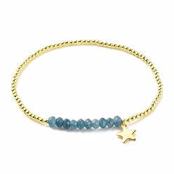 Steel Blue Natural Malaysia Jade(Dyed) Round Beaded Stretch Bracelet with 304 Stainless Steel Star Charms, Gemstone Jewelry for Women, Steel Blue, Inner Diameter: 2-1/4 inch(5.7cm)