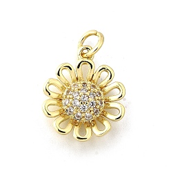 Настоящее золото 18K Латунные микропаве прозрачные подвески с фианитом, без кадмия, без никеля и без свинца, прелести маргаритки, реальный 18 k позолоченный, 16x13.5x3 мм, отверстие : 3.2 мм