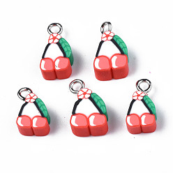 Orange Red Handmade Polymer Clay Charms, with Platinum Plated Iron Loop, Imitation Food, Cherry, Orange Red, 12~15x7~9x5mm, Hole: 1.8mm