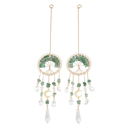 Зеленый Авантюрин Проволочная оплетка из натурального зеленого авантюрина дерево жизни подвесные призматические украшения для окон, стеклянный конус каплевидной формы ловец солнца для украшения дома, сада, офиса, 318 мм, отверстие : 8 мм