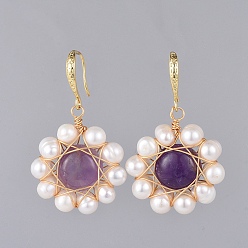 Amethyst Ohrringe, mit natürlichen Amethyst Cabochons, Perle, Kupferkabel, Ohrringhaken aus Messing und Pappkartons, 40 mm, Stift: 0.9 mm