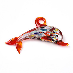 Оранжево-Красный Ручной серебряная фольга Lampwork большие кулоны, прелести дельфинов, оранжево-красный, 45~49x65~68x9~11 мм, отверстие : 5~6x5~6 мм