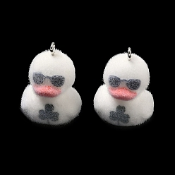 Утка Флокированные подвески из непрозрачной смолы, с платиновыми тоновыми железными петлями, очарование животных, белые, утка, 26x19x22 мм, отверстие : 2 мм