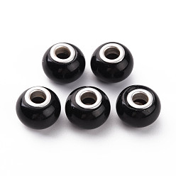 Черный Стеклянные шампала бусины, бусины с большим отверстием, с двойных ядер серебрянного цвета, рондель, чёрные, 14.5x11.5 мм, отверстие : 5 мм