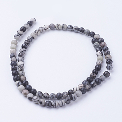 Netstone Natural Netstone Round Beads Strands, Black Silk Stone, 4~4.5mm, Hole: 1mm, about 85~90pcs/strand, 14.9 inch(38cm)