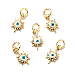 Настоящее золото 18K Подвески солнце с дурным глазом из латуни с эмалью, с прыжковых колец, без кадмия, без никеля и без свинца, реальный 18 k позолоченный, 12x7x2 мм, отверстие : 3.4 мм