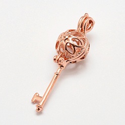 Розовое Золото Латунные диффузор Locket подвески, подвески для клеток, ключ, без кадмия и без свинца, розовое золото , 36x10x11 мм, отверстия: 2x3 mm, Внутренний размер: 8 mm