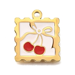 Вишня 304 подвески из нержавеющей стали, с эмалью, квадрат с фруктами, золотые, вишня, 20x16.5x1.5 мм, отверстие : 2 мм