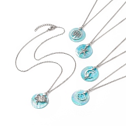 Нержавеющая Сталь Цвет Ожерелье с подвеской в виде ракушки Capiz с цветным покрытием ab, 304 ожерелья-цепочки из нержавеющей стали с подвесками из сплава, смешанная черепаха/дерево/облако/котенок/морская звезда, цвет нержавеющей стали, 17.99 дюйм (45.7 см)