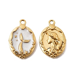 Золотой 304 нержавеющей стальной эмали подвески, овальный с подвесками в виде русалок, ионное покрытие (ip), золотые, 18x12x3.5 мм, отверстие : 1.5 мм