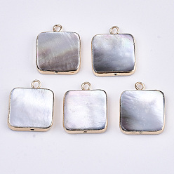 Colorful Natural Black Lip Shell Pendants, with Edge Brass Golden Plated and Iron Loops, Half Drilled, Square, 18x15x3.5mm, Hole: 1~1.8mm