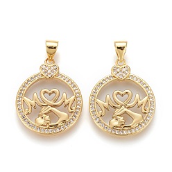 Золотой Латунные микропаве прозрачные подвески с фианитом, долговечный, день матери, плоский круг со словом мама и рука об руку, золотые, 22x18x3 мм, отверстие : 4.5~3.5 мм