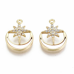 Настоящее золото 18K Латунные микропаве прозрачные подвески с фианитом, С пресноводной оболочкой, без никеля , звезды с луной, реальный 18 k позолоченный, 15x11.5x2.5 мм, отверстие : 1 мм