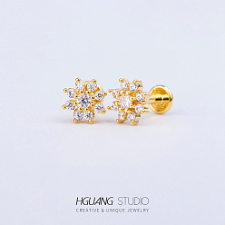 Цветок Серьги-гвоздики из нержавеющей стали с микропаве из прозрачного кубического циркония для женщин и мужчин, плоская серьга сзади, цветок, 6 мм, штифты : 1.2 мм