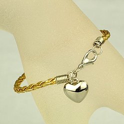 Gold PU Leather Braided Charm Bracelets, with CCB Plastic Pendants and Alloy Lobster Claw Clasps, Gold, 180mm