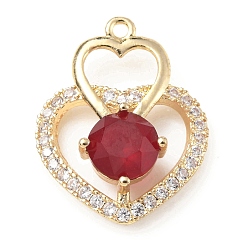 Siam Brass with K9 Glass & Rhinestone Pendants, Light Gold, Heart Charms, Siam, 25x19.5x7mm, Hole: 1.5mm