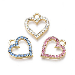 Mixed Color Alloy Charms, with Rhinestone, Cadmium Free & Lead Free, Heart, Mixed Color, 17x15x2mm, Hole: 2.5mm