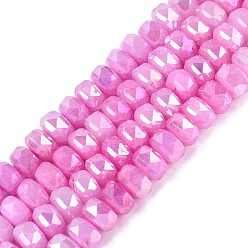 Hot Pink Electroplate Crackle Imitation Jade Glass Beads Strands, Rondelle, Dyed, AB Color Plated, Faceted, Hot Pink, 8x5mm, Hole: 1~1.2mm, about 33~35pcs/strand, 6.69~7.28 inch(17~18.5cm)