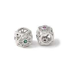 Платина Латунный микропаве кубический цирконий европейский шарик, Кубик с цветком, бусины с большим отверстием, стойки покрытие, прочное покрытие, без кадмия и без свинца, платина, 7.5x9.5x8.5 мм, отверстие : 4.5 мм