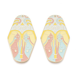 Близнецы Подвески из сплава с покрытием стойки и эмали, ромб и двенадцать созвездий, золотой свет, Близнецы, 63x35x1 мм, отверстие : 1.6 мм