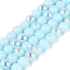 Бледно-бирюзовый Гальванические непрозрачные стеклянные бусины, круглые, с покрытием цвета радуги, с половиным покрытием, бледные бирюзовая, 6~6.5 мм, отверстие : 0.8~1 мм, около 67~72 шт / нитка, 14.57~15.35 дюйм (37~39 см)