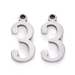 Number Устойчивые к потускнению 201 подвески из нержавеющей стали, число, лазерная резка, цвет нержавеющей стали, кол. 3, 15x7x1.5 мм, отверстие : 1.5 мм