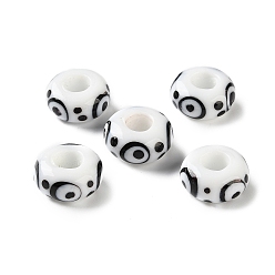 White Handmade Lampwork European Beads, Large Hole Beads, Rondelle with Evil Eye, White, 14x7mm, Hole: 5.5mm