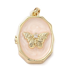 Персиковый Слойка Овальные подвески-медальоны с бабочкой из латуни и эмали, реальный 18 k позолоченный, розовые, 20x15x8.5 мм, отверстие : 4x3 мм