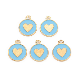 Светло-Голубой Подвески из эмали и сплава, без кадмия и без свинца, золотой свет, плоско-круглые с сердцем, Небесно-голубой, 16x13x2 мм, отверстие : 1.6 мм