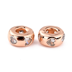 Розовое Золото Латунные микропаве из прозрачного кубического циркония, долговечный, без кадмия и без свинца, RONDELLE с сердцем, Настоящее розовое золото покрыто, 8x4 мм, отверстие : 3.3 мм