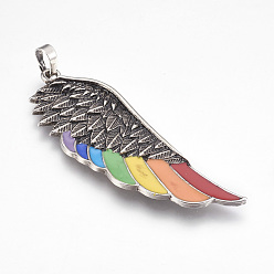 Antique Silver Alloy Enamel Big Pendants, Wing, Colorful, Antique Silver, 65x23x2.5mm, Hole: 5x8mm