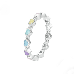 Платина Сердце 925 Кольца для пальцев из стерлингового серебра с микропаве из прозрачных кубических цирконий и эмалью, платина, 2.7 мм, размер США 8 (18.1 мм)