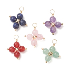 Mixed Stone Natural Mixed Gemstone Beaded Pendants, with Brass Copper Wire Wrapped Findings, Flower Charms, 25x20.5x6.5mm, Hole: 4mm