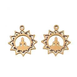 Human 201 подвески из нержавеющей стали, лазерная резка, реальный 18 k позолоченный, Будда и цветочный амулет, 17x15.5x1 мм, отверстие : 1.4 мм