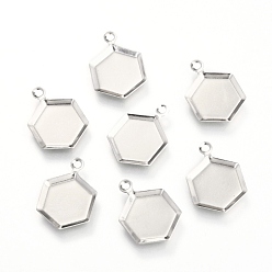 Stainless Steel Color Non-Tarnish 201 Stainless Steel Pendant Cabochon Settings, Hexagon, Stainless Steel Color, 17x12x1.2mm, Hole: 1.5mm, 12x11mm Inner Diameter