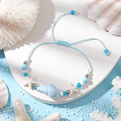 Смешанные камни Регулируемые плетеные браслеты из синтетической бирюзы, фарфора и натурального хаулита для женщин, морская звезда и ракушка, со стеклянными семенами 304 бусины из нержавеющей стали, внутренний диаметр: 2-1/8~3-1/4 дюйм (5.5~8.2 см)