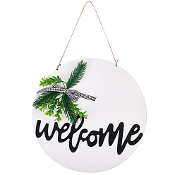 White Wooden Pendant Decorations, Mediterranean Style, Flat Round with Welcome, White, 46cm