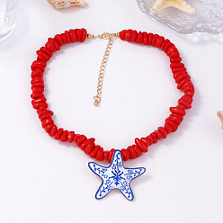 Васильковый Кулон в виде морской звезды из полимерной глины, ожерелье из красных смоляных бусин с цепочками из сплава., золотые, васильковый, 14.57 дюйм (37 см)