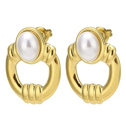 Real 14K Gold Plated Ion Plating(IP) 304 Stainless Steel Ring Stud Earrings, with ABS Imitation Pearl, Real 14K Gold Plated, 26x20mm