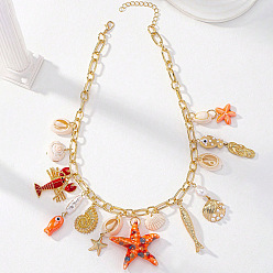 Оранжево-Красный Фарфор, сплав, смола, натуральные смеси ракушек, морских звезд, омаров, кисточек и нагрудников, золотые, оранжево-красный, 15.75~17.72 дюйм (40~45 см)