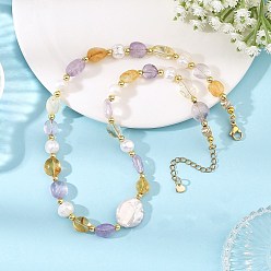 Golden Natural Amethyst and Heated Citrine Tumbled Stone Beaded Necklaces, with Natural Keshi Pearl Coin Beads, Nuggets, Golden, 16.85 inch(42.8cm)