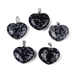 Снежный Обсидиан Естественно снежинка обсидиана подвески, сердце прелести, с защелкой из нержавеющей стали на поручнях, цвет нержавеющей стали, 21~24x22~24x8.5~11.5 мм, отверстие : 6.5~7.5x2~3 мм