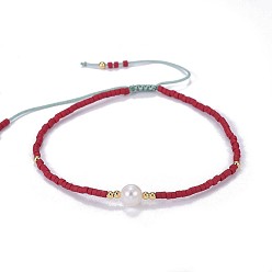 Dark Red Adjustable Nylon Cord Braided Bead Bracelets, with Japanese Seed Beads and Pearl, Dark Red, 2 inch~2-3/4 inch(5~7.1cm)
