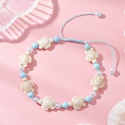 (404) Непрозрачное AB Кислое яблоко Регулируемые браслеты на лодыжку с подвеской в виде морской черепахи, выполненные из синтетической бирюзы, окрашенного натурального говлита и искусственного жемчуга, для женщин., Небесно-голубой, цветочный белый, внутренний диаметр: 2-1/8~4-1/8 дюйм (54.5~103 мм)